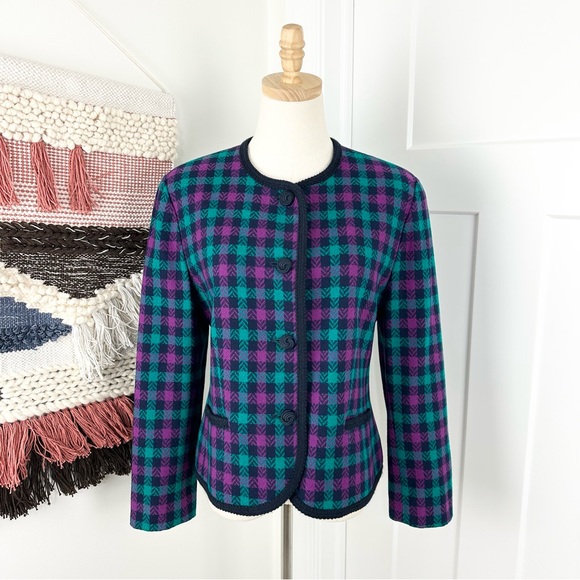 Vintage Pendleton 100% Wool Plaid Checkered Jacket Blazer Teal Purple Navy Sz 12 - Picture 1 of 12